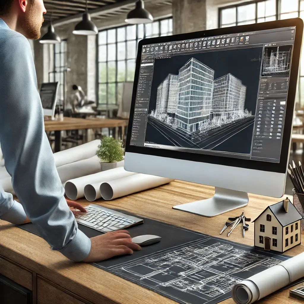 Architect designing a building in AutoCAD software with detailed blueprint on screen